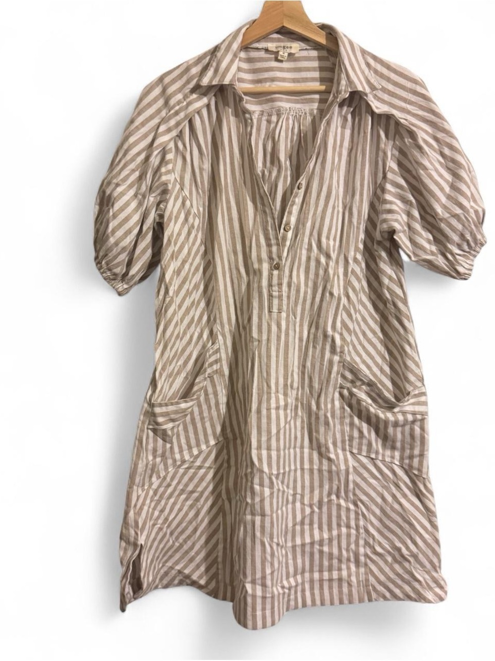 Umgee Beige and White Striped Puff-Sleeve Midi Dress